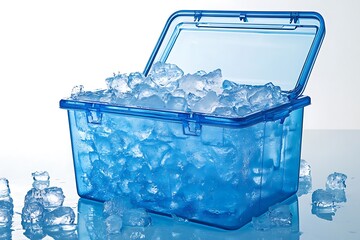 blue cooler box filled with ice is open and displayed