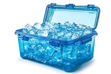 blue cooler box filled with ice is open and displayed