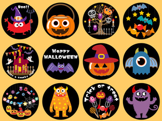 ハロウィーン■ハロウィーンモンスターとパンプキンのアイコンセット	
