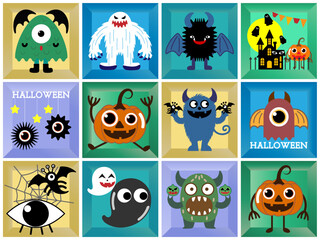 ハロウィーン■タイルの背景とハロウィーンの素材セット■アイコン	
