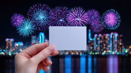 Hand Holding Blank Card with Colorful Fireworks Display at Night
