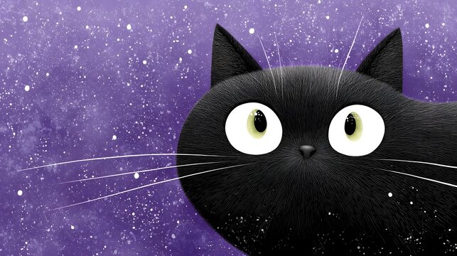 Enchanting black cat with starry eyes in a magical purple galaxy
