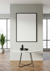 Modern Interior Design Mockup with Empty Frame Table and Plant Photo