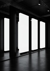 Modern Interior Photo of White Light Panels in Gallery Space with Dark Concrete Pillars and Clean Lines