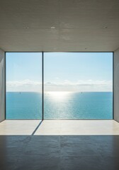 Modern Interior View Of Ocean Through Window With Blue Sky Photo