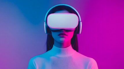 Young woman wearing virtual reality headset in a vibrant digital environment.