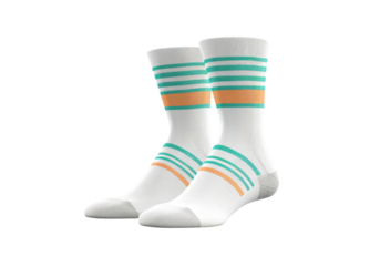 White socks with teal and peach stripes isolated on a white background, On Transparent Background, Png