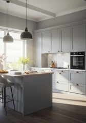 Modern Kitchen Interior Photo Featuring Gray Cabinets and Bright Lighting
