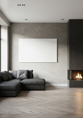 Modern Living Room Interior With Fireplace Sofa And Blank Canvas
