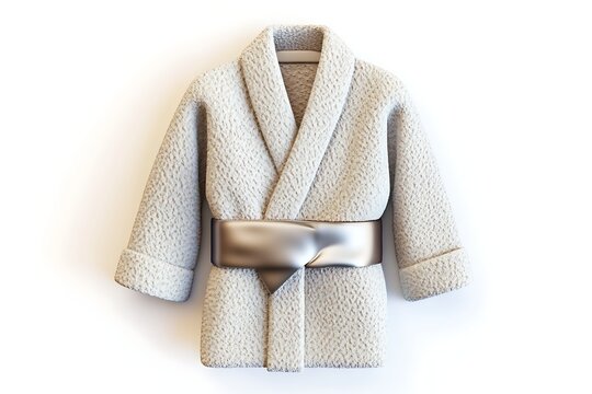 A white bathrobe with a silver sash is displayed against a white background