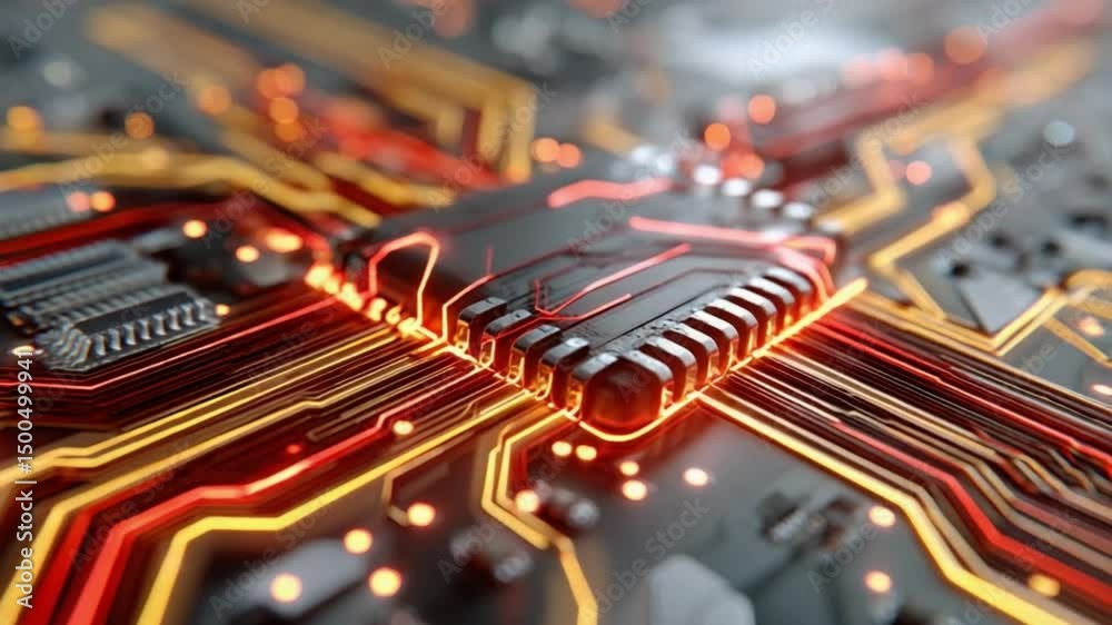 Wall mural microchip interconnect: a macro shot of a modern microchip reveals its intricate web of glowing inte