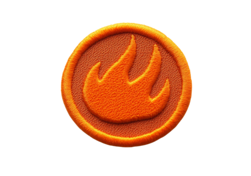 Orange flame embroidered patch isolated on a white background, On Transparent Background, Png