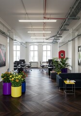 Modern Office Interior Photo Featuring Colorful Plants and Bright Lighting