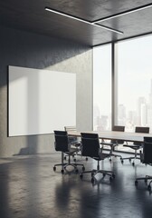 Modern Office Interior Photo with Empty Table and Window in a Business Room