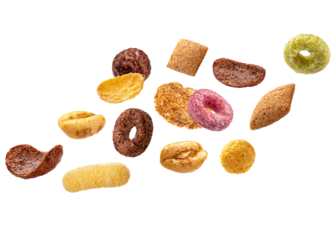 assorted breakfast cereal on transparent background.