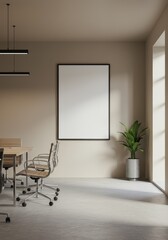 Modern Office Interior Photo With Empty White Frame and Green Plant