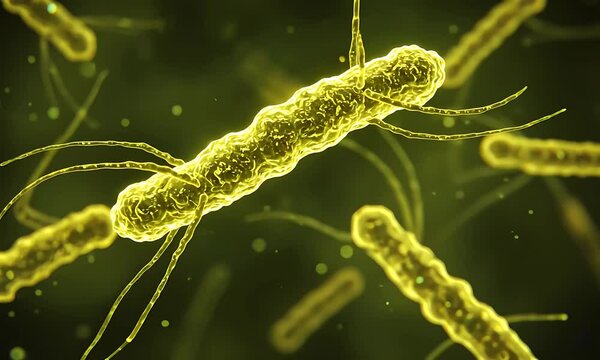 Close-up view of vibrant yellow bacteria showcasing their unique shapes and movements in a microscopic environment