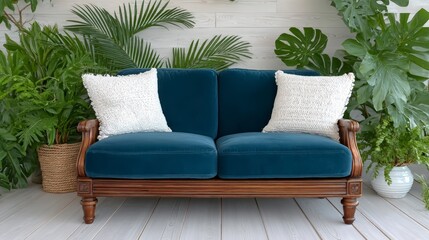 Teal Velvet Sofa  Wooden Frame  Tropical Plants  Modern Living Room  Home Decor