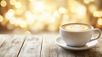 Warm beverage on a wooden surface, bathed in golden light.