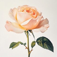 A fresh blooming rose, capturing its graceful form and vivid color, set against a bright white background 