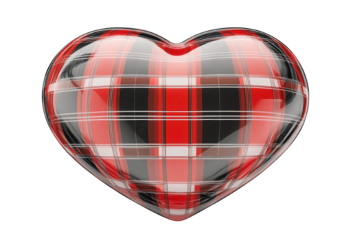 Red and black plaid heart shape isolated on a white background, On Transparent Background, Png