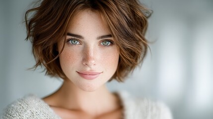 Beautiful Woman Portrait  Freckles  Short Hair  Green Eyes  Soft Lighting  Neutral Backgro