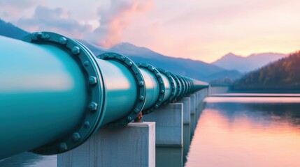 Large diameter water pipeline transporting water across a lake towards a renewable energy plant at sunset, symbolizing sustainable water management
