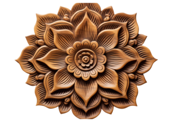 Intricate wooden flower carving isolated on a white background, On Transparent Background, Png