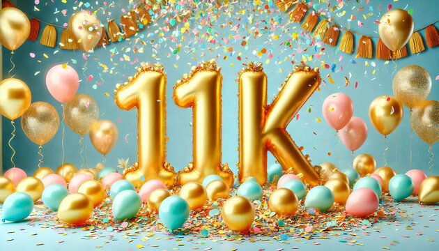 Festive 11K Party with Golden Balloons and Confetti