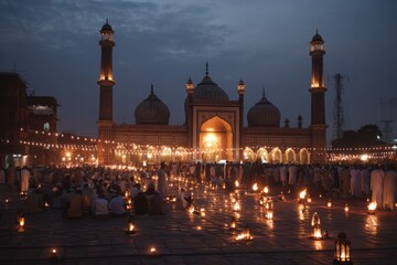 Majestic Mosque at Night Illuminated Courtyard and Gathering