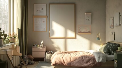 Sunny Childrens Bedroom Interior Design Pastel Colors Cozy Room art kids wall pink calm home cute   