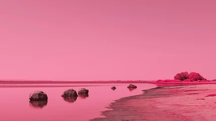 Selbstklebende Fototapeten Serene Shoreline at Dawn: A tranquil landscape where the still water reflects a vibrant magenta sky and the natural elements. The stones are scattered along the shore.  © TRAVEL MOSAIC