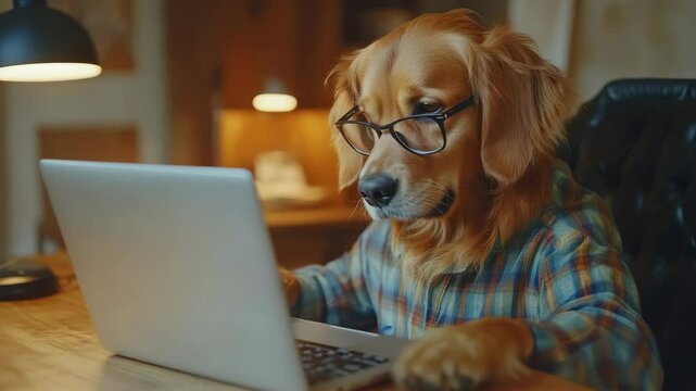 Golden retriever dog wearing glasses and plaid shirt using laptop on wooden desk in cozy room with warm lighting focused on work