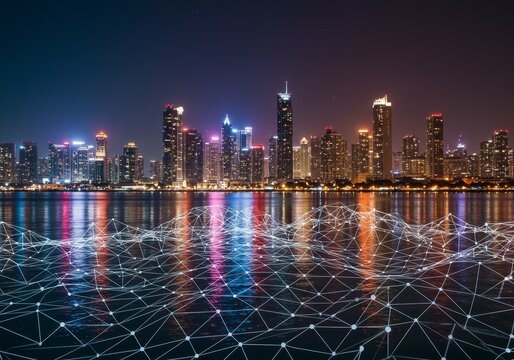 Night Cityscape Photo Featuring Illuminated Buildings Reflected on Water