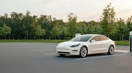 White electric car charging at a station near a green area, promoting sustainable transportation and eco-friendly practices