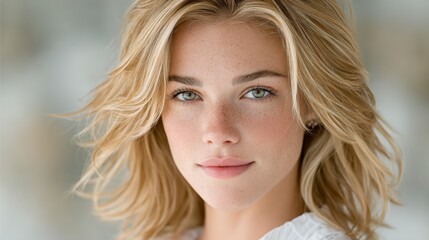 Naklejka premium Beautiful Woman with Blonde Hair Freckles and Green Eyes Studio Portrait