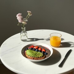 a healthy breakfast setup on a white marble table