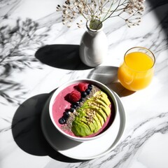 a healthy breakfast setup on a white marble table