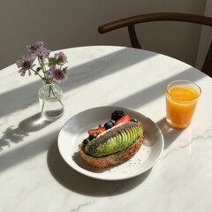 a healthy breakfast setup on a white marble table