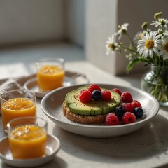 a healthy breakfast setup on a white marble table