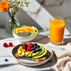 a healthy breakfast setup on a white marble table