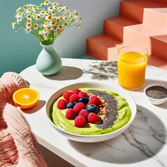 a healthy breakfast setup on a white marble table