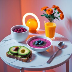a healthy breakfast setup on a white marble table