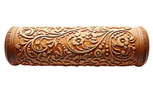 Ornate wooden rolling pin isolated on a white background floral design baking tool kitchen utensil, On Transparent Background, Png