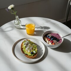 a healthy breakfast setup on a white marble table