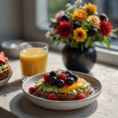 a healthy breakfast setup on a white marble table