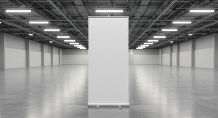 Blank roll up banner in empty industrial space