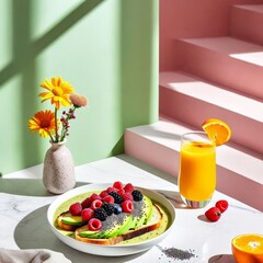 a healthy breakfast setup on a white marble table