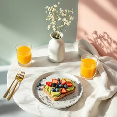 a healthy breakfast setup on a white marble table