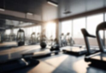 Fototapeta premium Abstract blurred fitness gym with equipment in the background, little sunlight coming in, blurry gym interior.